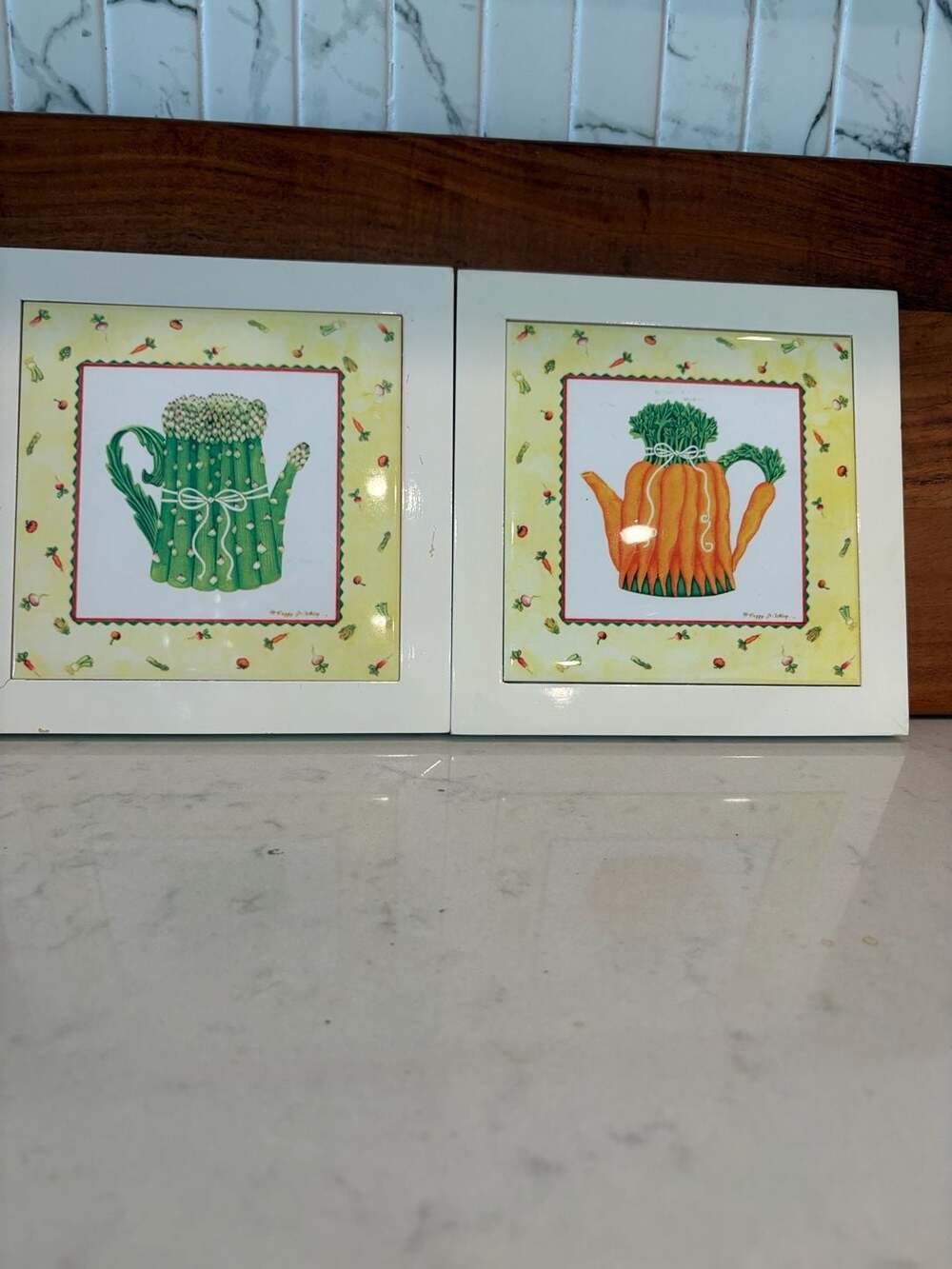 Peggy Abrams Asparagus and Carrot Teapot Wall Tiles Set of 2